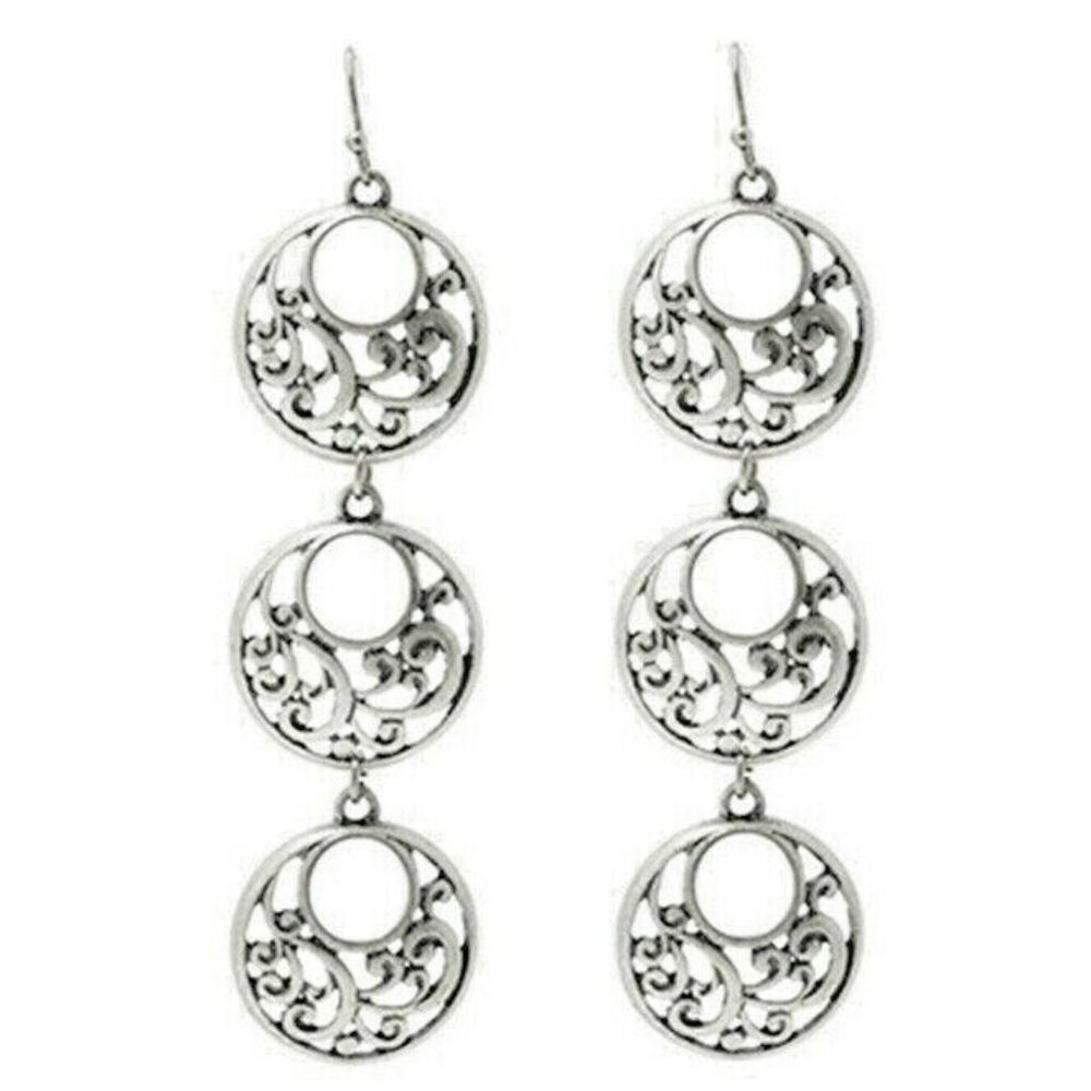 Silver 3 Tier Circle Disc Medallion Open Filigree BOHO Gypsy Hippie Earrings